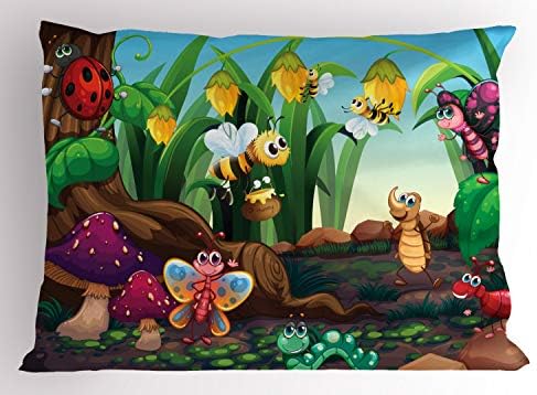 Ambesonne Animal Pillow Sham, Ladybug Butterfly Bee во егзотична градина ботаника тематска цртана уметност, декоративна стандардна