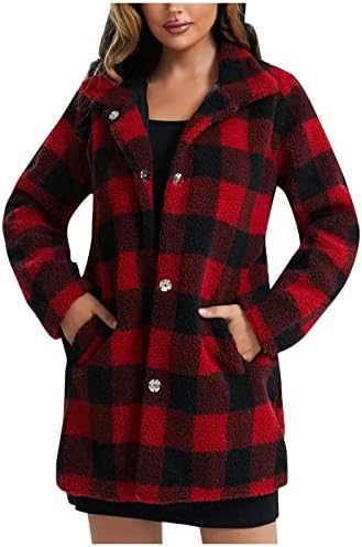 Копче за женско фланел Sgasy Down Fleece јакна есен нејасна карирана блуза јакна Зимски лесни палта отворени предни нејасни палто
