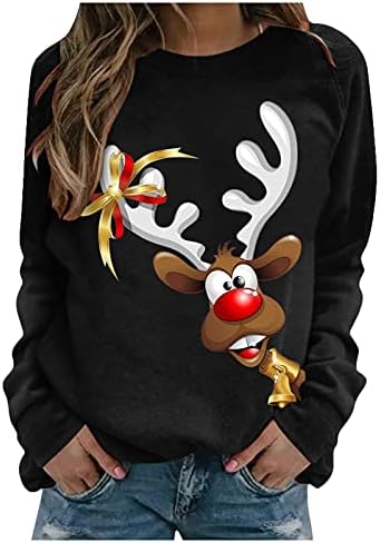 Графички џемпер лабава Божиќни врвови жени каузални џемпери Божиќни екипаж џемпер со долги ракави пулвер црно-а