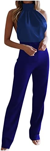 Женски секси халтер ромери ладно рамо со рамена со цврста боја долга панталони фустани скокање со џебови со џебови