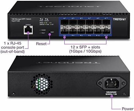 TrendNet 12-Port 10G Layer 2 Управуван SFP+ прекинувач, TL2-F7120, 12 x 10g SFP+ порти, капацитет за префрлување 240Gbps, поддржува 10GBase-X