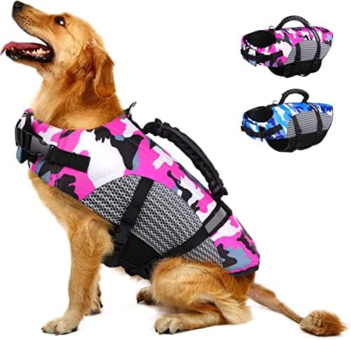 Migohi Life Jacket, животен век на кучиња Камо со рачка за спасување за базен за пловење со пловење, флотација за капење со кучиња
