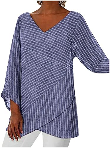 Женски ленени врвови за туники за хеланки против маичка со шарени печати од вратот 3/4 ракави блузи случајни кошули