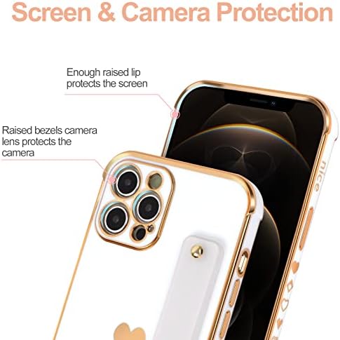 За iPhone 12 Pro Max Case со штанд за ленти за зглобови, симпатична луксузна сјајна позлатена златна раб [засилени агли] срцев