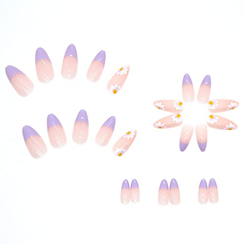 24 компјутери Прес на Nails Medive, Sunjasmine бадем лажни нокти со цветни дизајни, акрилни лажни нокти со лепак за нокти на нокти за жени