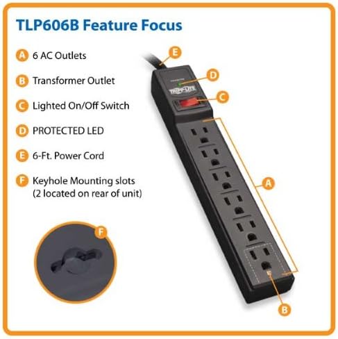 Tripp Lite TLP604 4ft. 6-аутлетски супресор и 6 излез за заштитен електричен лента за напојување, 6-ти кабел, 790 ouули, црна, 20.000 осигурување