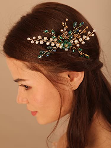 Kercisbeauty Green Crystal Emerald Gold Comber за свадбени невести невестински додаток за коса за жени и девојчиња топка за забава