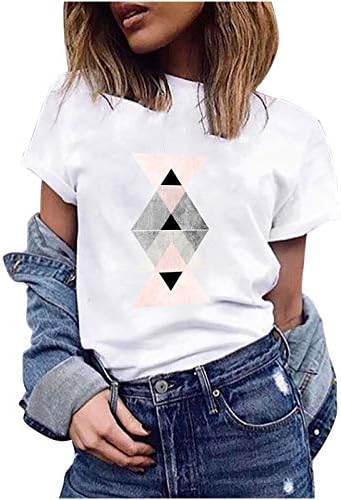 Женска геометриска печатена маица Обични кошули со кратки ракави со цврста боја лабава култура на врвовите на вратот класичен пуловер