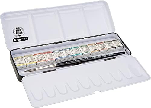 Schmincke - Horadam Aquarell Metal Box со 12 најдобри акварел бои, 1 четка Davinci, 74 740 097, сет за сликање, најдобрите бои