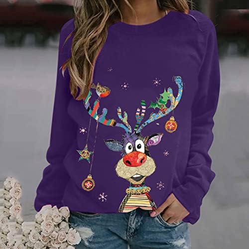Пимоксв грди Божиќни џемпери за жени кошули со долг ракав паѓаат облечени неонски предводени ирваси графички манжетни џемпери со