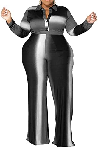 Женски плус големина 2 парчиња облеки за скокање со долги ракави копче надолу со кошула блуза со долги панталони со долги панталони