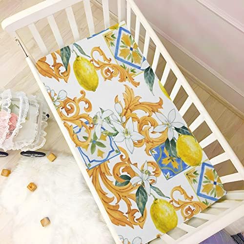 Сицилијански стил на лимон за креветчиња за момчиња Пакуваат и играат чаршафи со листови за кревање, вграден кревет за креветчиња за