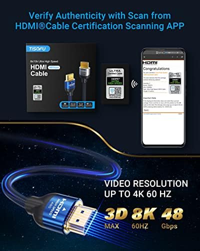 Tisofu [Ultra Certified] 8K HDMI кабел 6ft: HDMI 2.1 кабли 48Gbps Премиум со голема брзина ПРЕТСТАВНИ КОРД 8K@60Hz 4K@120Hz 4K@144Hz HDCP 2.2