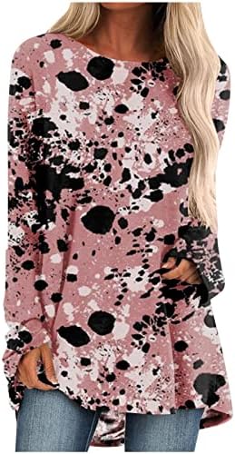Туника на врвови за жени лабави вклопени 2023 трендовски блузи од леопард печати меки кошули со долг ракав, тркалезен пулвер на