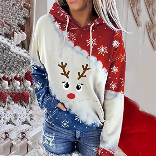 Fmchico дуксери за жени пуловер, женски долги ракави во боја блок божиќна печатена маичка со џеб со џеб