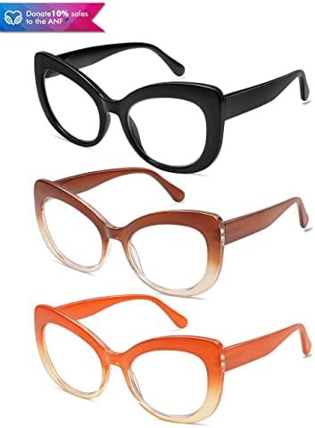 Амомом 3 пакет Стилски преголеми очила за читање на очи за очи за жени за жени, модни читатели на сина светлина плоштад компјутерски