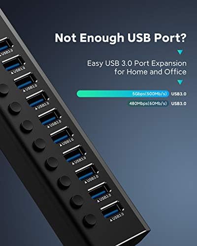 НАПОЈУВАН USB Центар 3.0 Икуаи Алуминиум 10 Порта USB 3.0 Сплитер На Центар За Податоци СО 12v/3A 36w Адаптер За Напојување И Индивидуални