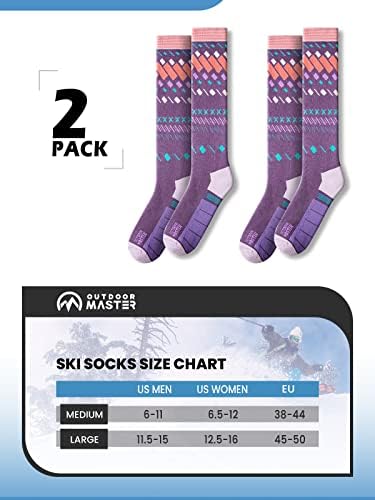 Надворешен мајстор Ски Чорапи, 2-Пар Пакет Скијање И Сноуборд Чорапи за Мажи &засилувач; Жените Со Над Теле Дизајн w/Нелизгачки