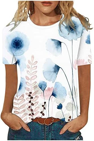 Брод на вратот спандекс врвови за дами лето есен кратки ракави мастило сликарство цветни графички блузи маички тинејџерки 2023 година