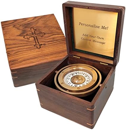 Персонализирана биро компас со дрвена кутија | Вградени компаси за крштевање, потврда, прва причест | Подарок за него, син, внук