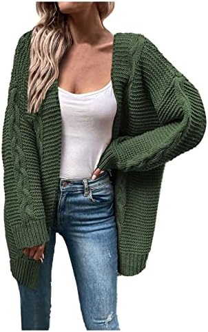 Кокера модни есен кардиган џемпери за жени елегантни отворени предни кардиган каузална лабава цврста боја кабел плетен палто за