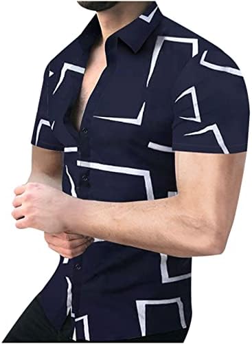 Кошули со копче за мажи, модни 3Д печати кратки ракави врвови трендовски тенок фит маички блузи лапел геометриски фустан кошула