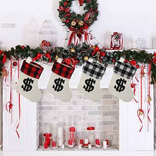 Кисандер 6 парчиња мали божиќни чорапи, 7,5 инчи мини Божиќ црно бело биволо карирано со чорапи со знаци на долар што висат украси