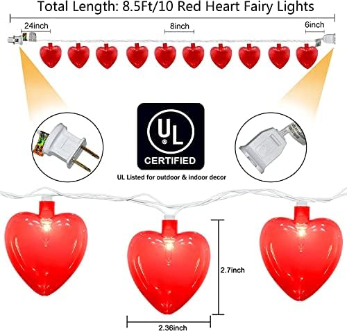 8,5 метри светла за срцеви жици, 8,5 метри Денот на вineубените, светла на срцеви жици со 10 црвени срца, конективни loveубовни