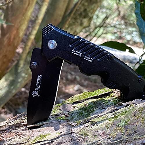 Nedfoss ножеви ножеви за џеб за мажи, црно обложено преклопено џеб нож, нож за преживување на пешачење за риболов, со заклучување на безбедносната