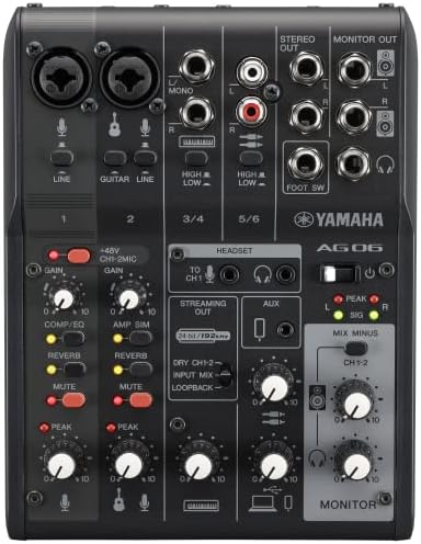 Yamaha AG06MK2 Црна 6-канална жива стриминг миксер/USB интерфејс со софтверски пакет на Штајнберг
