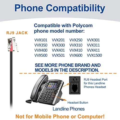 Телефонски слушалки RJ9 со микрофон за откажување на бучава, кабел канцелариски телефонски слушалки компатибилни со Polycom VVX201 VVX250