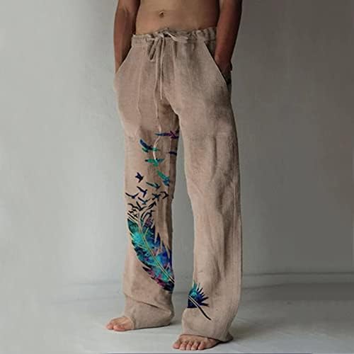 Машки обични лабави и удобни обични панталони памучни постелнини печатени панталони за влечење