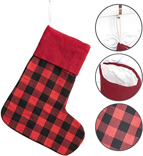 Гекс Божиќни чорапи за семејство 4 пакуваат рустикален бивол црвен карирана фарма куќа селска класична лента 19 “големи украси за камин