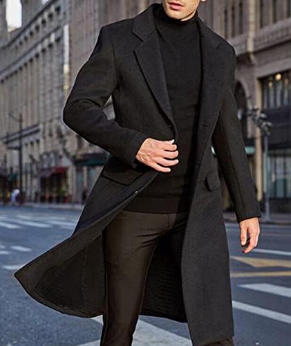 Сомтрон машка обична ров палто со тенки тенок вклопна јака долга јакна Овер -палто со еден грашок од грашок со џебови со џебови