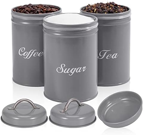 Dxlac 3pc Сива Херметички Храна Тегли Канистри Поставува За Кафе Чај Шеќер, Нерѓосувачки Челик Гроздобер Кујна Канистри За Кујна Countertop