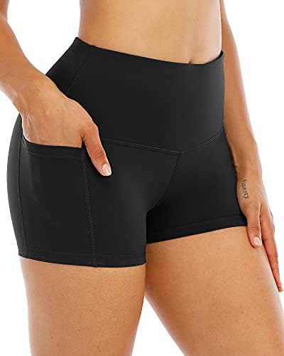 Chrleisure Spandex Јога шорцеви со џебови за жени, шорцеви за плен на тренингот со високи половини 3in 3in