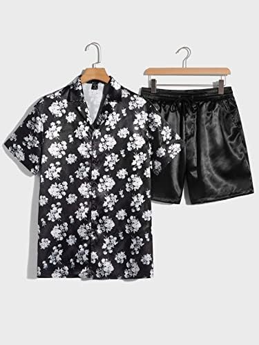 NIBHZ облека со две парчиња за мажи мажи со цветни печатени кошула и шорцеви