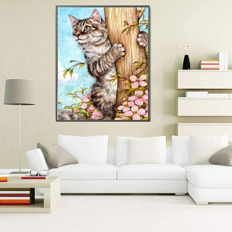 Дијамантско сликарство мачка се искачува на дрво- целосна вежба Дијамантска уметност, комплети за сликање од 5Д дијаманти, тркалезно ринстон,
