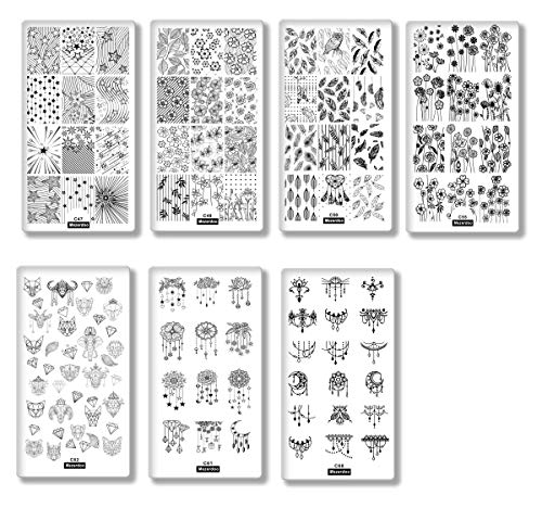 7PCS геометриска линија образец за печат на ноктите за печат на плочи со соништа, сонувај фати цвеќиња starвездички полски трансфер DIY