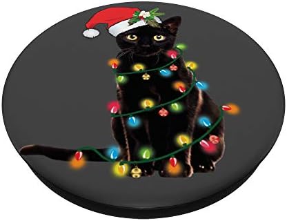 Црната мачка Дедо Мраз заплеткана во Божиќни светла Поп -кокети зафаќаат и се залагаат за телефони и таблети