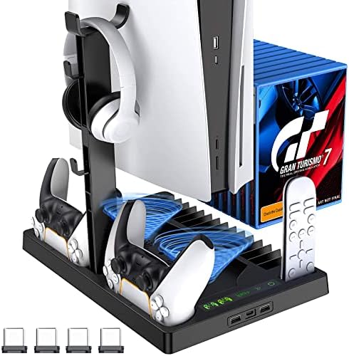 OUN PS5 Станица За Ладење Вертикален Држач за PlayStation 5, ДРЖАЧ ЗА СЛУШАЛКИ PS5 И 15 Ps5 Слотови За Игри, Држач за Полнење со 2