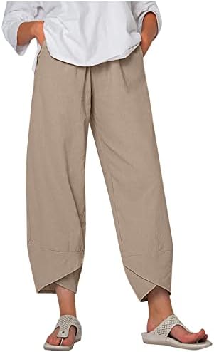 Панталони за жени Еластична половината за влечење памучни постелнини широки панталони со џеб со џебна лабава долга салон, пантолова