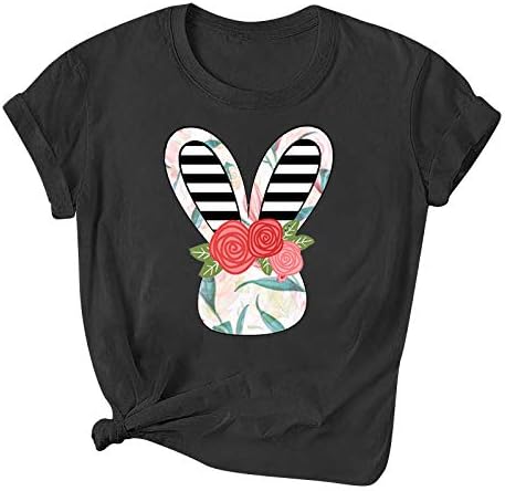 Велигденска маица за жени Симпатична зајаче печати кратки ракави, врвови на екипаж, обични кошули 2023 летни блузи