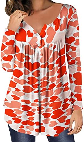 Блузи за Денот на вineубените за жени, лежејќи го копчето со долги ракави надолу на врвовите на кошулата, симпатична срцева туника