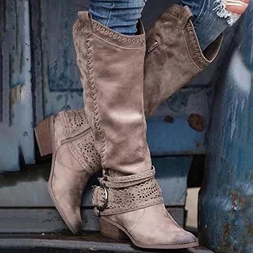 Women'sенски широко телето удобно зимско колено високо чизми чизми блок -потпетица зашилени прсти се лизгаат на чизми од западен каубојски