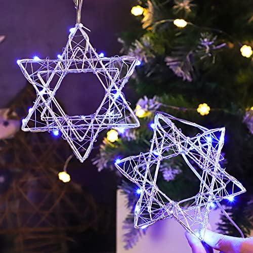 Starвездени светла на петистрик Ханука, осветлени украси за новогодишни елки, сино Дејвид од украси на starвезди, батерии со