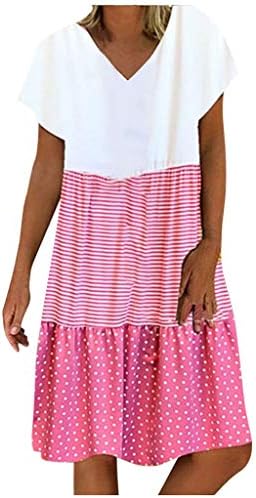 IQKA Women'sенски плус големина лето обична лабава лента точка за печатење V-врат со кратки ракави кошула мини фустан судеса