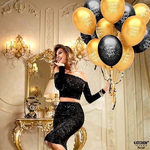 Nye Латекс Балон за Среќна Нова Година | Црна И Златна Среќна Нова Година Декор - Пакет од 37, Златен Раб | Nye Балон Лак за Среќна