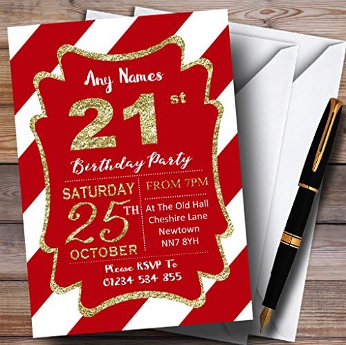 Црвени Бели Дијагонални Ленти Злато 21-Ви Персонализирани Покани За Роденденска Забава