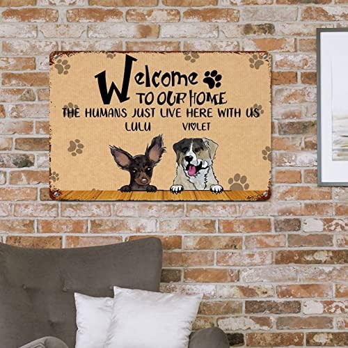 Алиојоит Прилагодено Куче Име Добредојдовте Во Нашиот Дом Луѓето Овде Со Нас Смешно Куче Метален Калај Знак Плакета Закачалка За Врата
